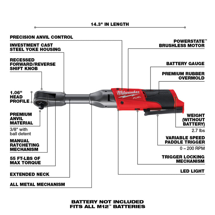 Milwaukee M12 FUEL Cordless 3/8" Extended Reach Ratchet - Tool Only