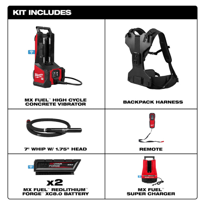 Milwaukee MX FUEL™ High Cycle Backpack Concrete Vibrator Kit w/ 7' Whip, 1.75" Head