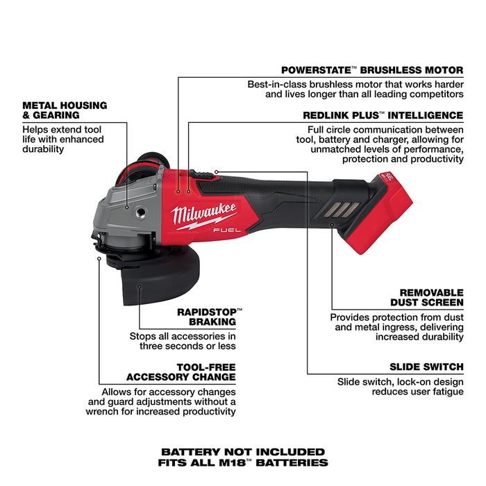 Milwaukee M18 FUEL Cordless 4-1/2" / 5" Grinder Slide Switch, Lock-On - Tool Only