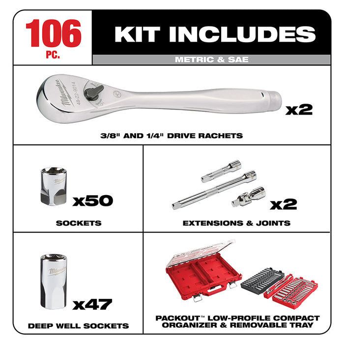 Milwaukee PACKOUT 1/4" & 3/8" 106PC Ratchet and Socket Set - SAE & Metric