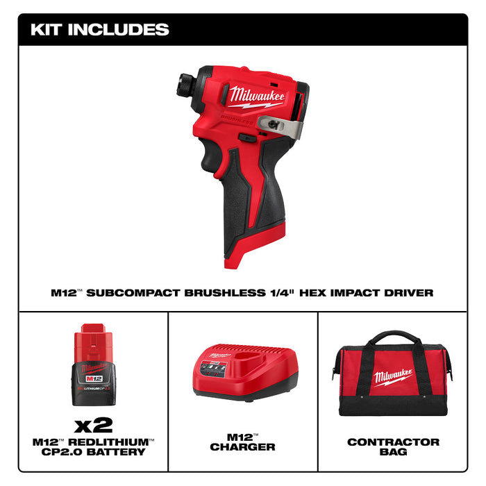 Milwaukee M12 Subcompact Brushless 1/4" Hex Impact Driver Kit