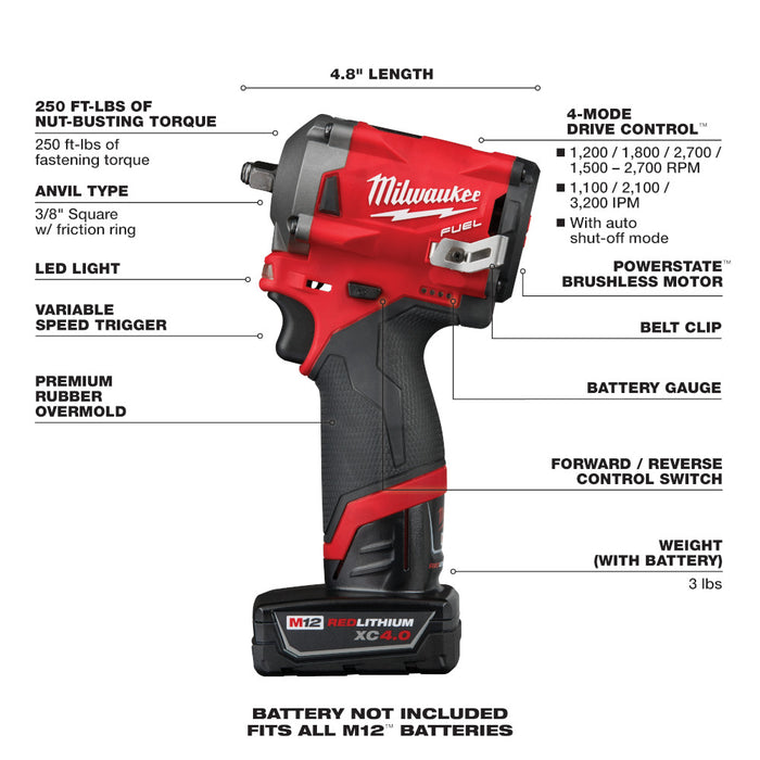 Milwaukee M12 FUEL Cordless Stubby 3/8" Impact Wrench Kit