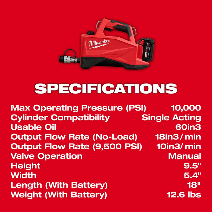 Milwaukee M18™ 60" 3 10,000psi Brushless Single Acting Hydraulic Pump