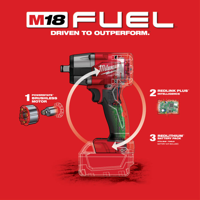 Milwaukee M18 FUEL 1/2" Mid-Torque Impact Wrench w/ Friction Ring - Tool Only