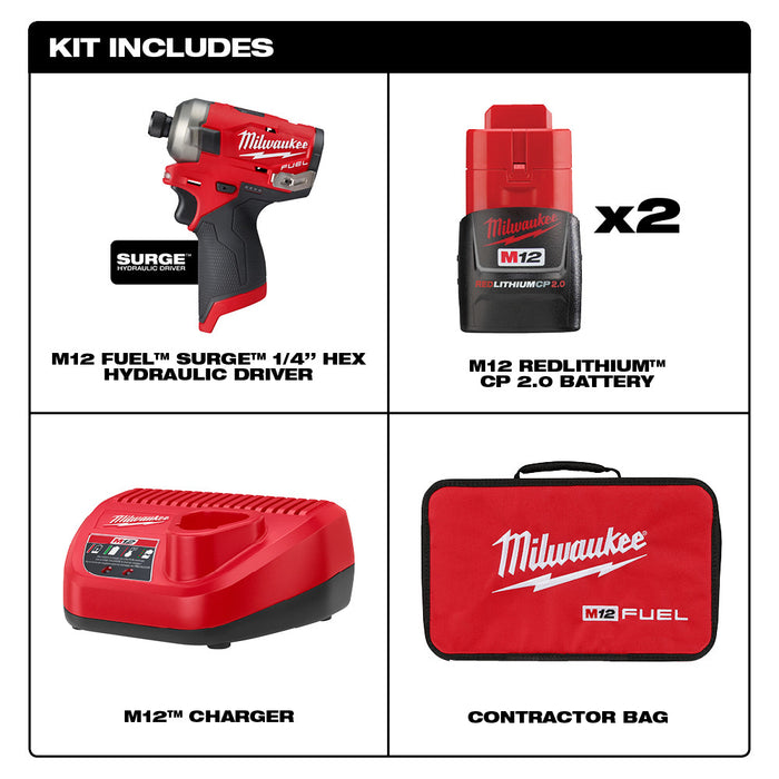 Milwaukee M12 FUEL Cordless SURGE 1/4" Hex Hydraulic Driver Two Battery Kit