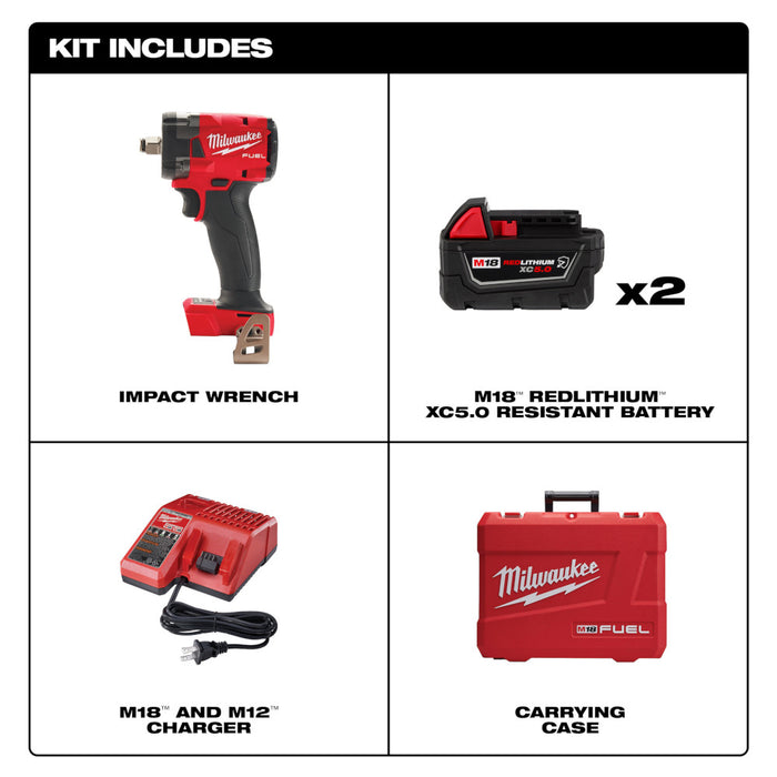 Milwaukee M18 FUEL Cordless 1/2" Compact Impact Wrench Friction Ring Kit with 5.0 AH Resistant Batteries