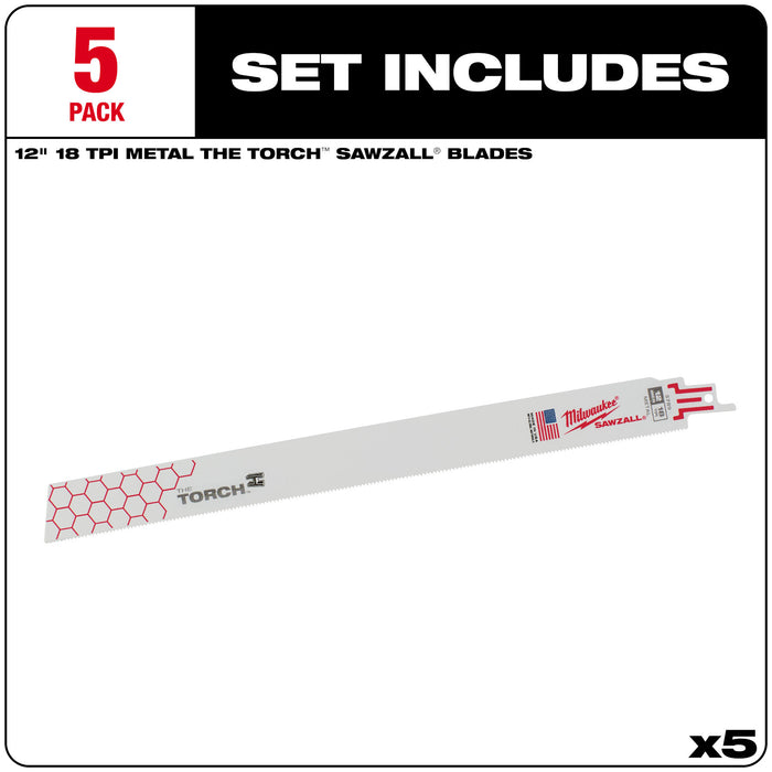 Milwaukee 5PK 12" 18 TPI TORCH SAWZALL Blade for Medium Metal