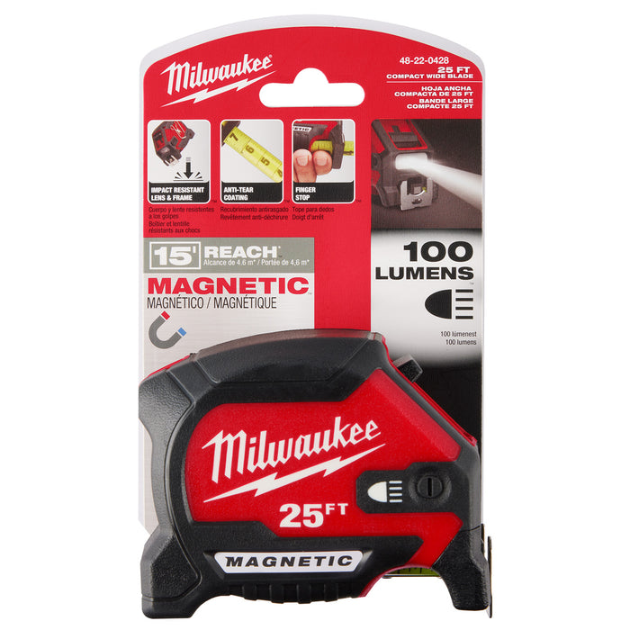 Milwaukee 25ft Magnetic Tape Measure w/ Rechargeable 100L Light