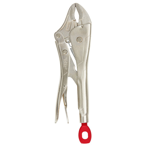 Locking pliers with a red handle on a white background