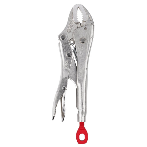Locking pliers with a red handle on a white background