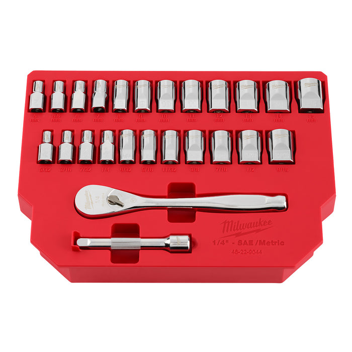 Milwaukee 25 pc. 1/4" Drive Metric & SAE Ratchet & Socket Set w/ FOUR FLAT SIDES