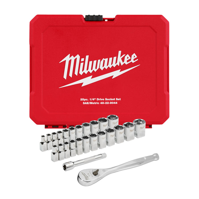 Milwaukee 25 pc. 1/4" Drive Metric & SAE Ratchet & Socket Set w/ FOUR FLAT SIDES