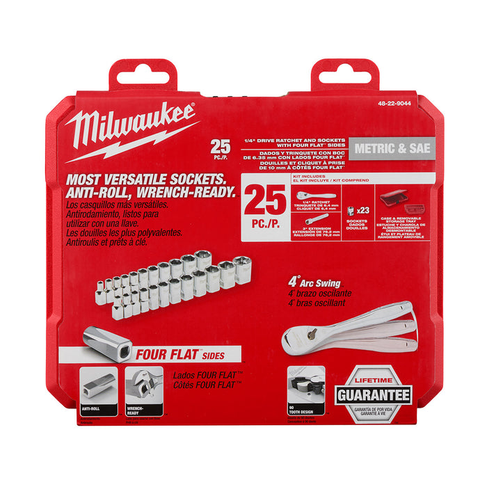 Milwaukee 25 pc. 1/4" Drive Metric & SAE Ratchet & Socket Set w/ FOUR FLAT SIDES