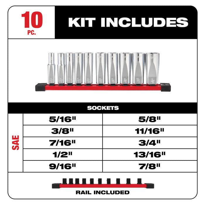 Milwaukee 10 pc. 3/8" SAE Deep Well Sockets w/ FOUR FLAT Sides