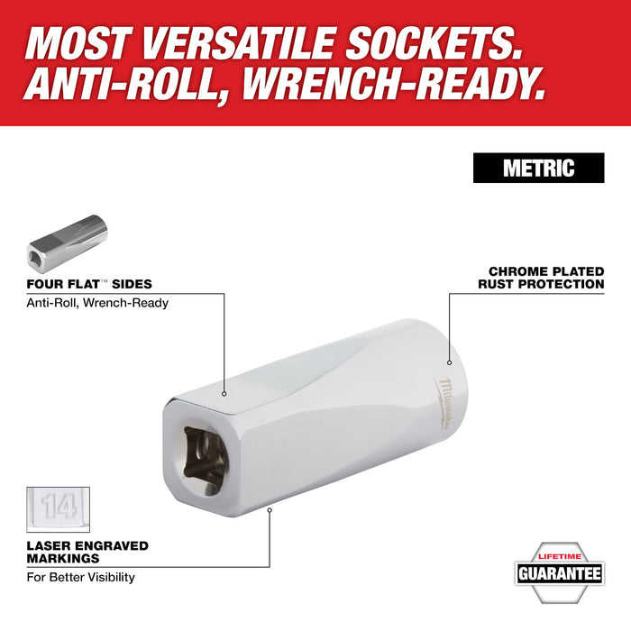 Milwaukee 10 pc. 3/8" Metric Deep Well Sockets w/ FOUR FLAT Sides