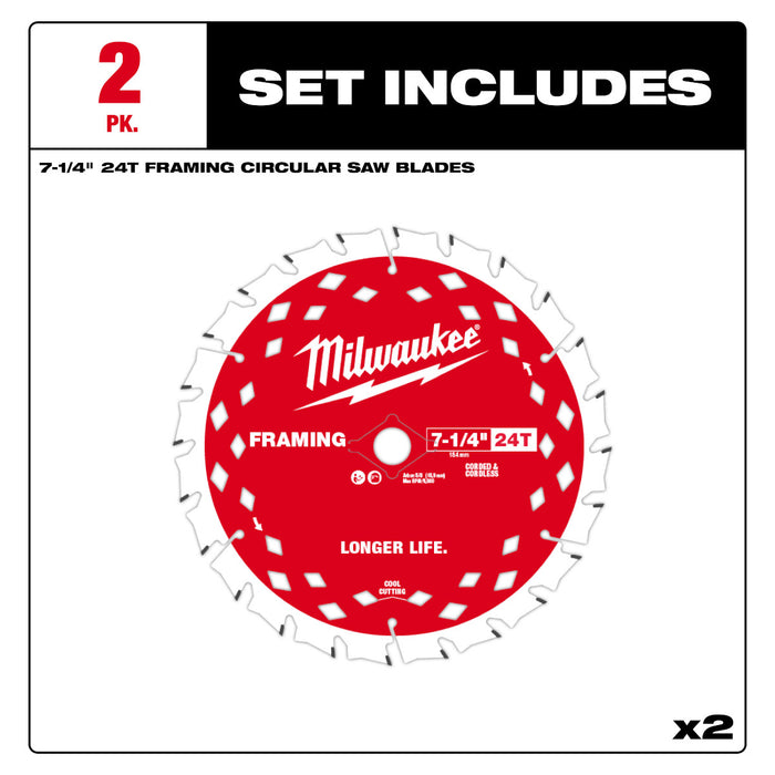 Milwaukee 2PK 7-1/4" x 24T Framing Circular Saw Blade