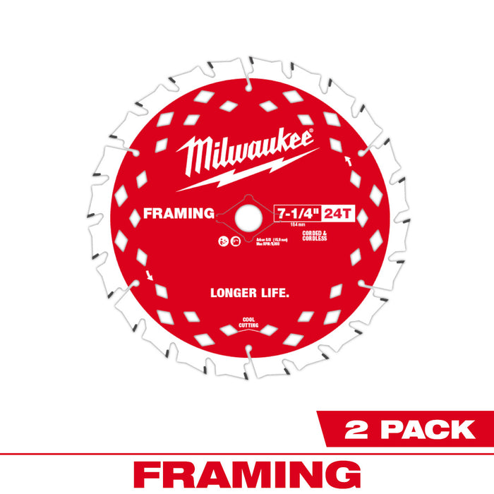 Milwaukee 2PK 7-1/4" x 24T Framing Circular Saw Blade