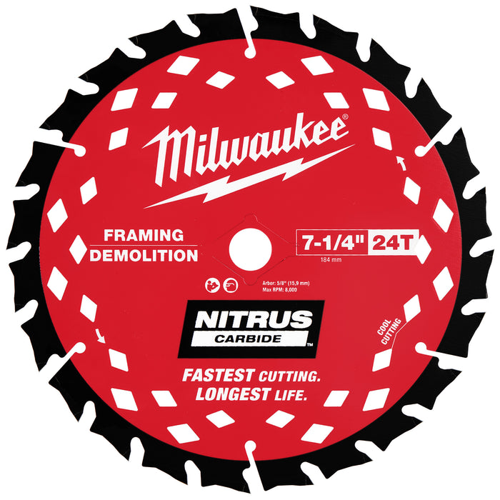 Milwaukee 7-1/4” x 24T NITRUS Carbide Framing & Demolition Blade