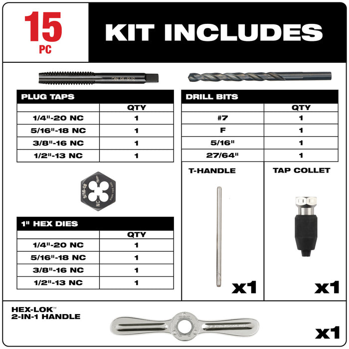 Milwaukee 15 pc. SAE Tap and Die Set w/ HEX-LOK 2-in-1 Handle