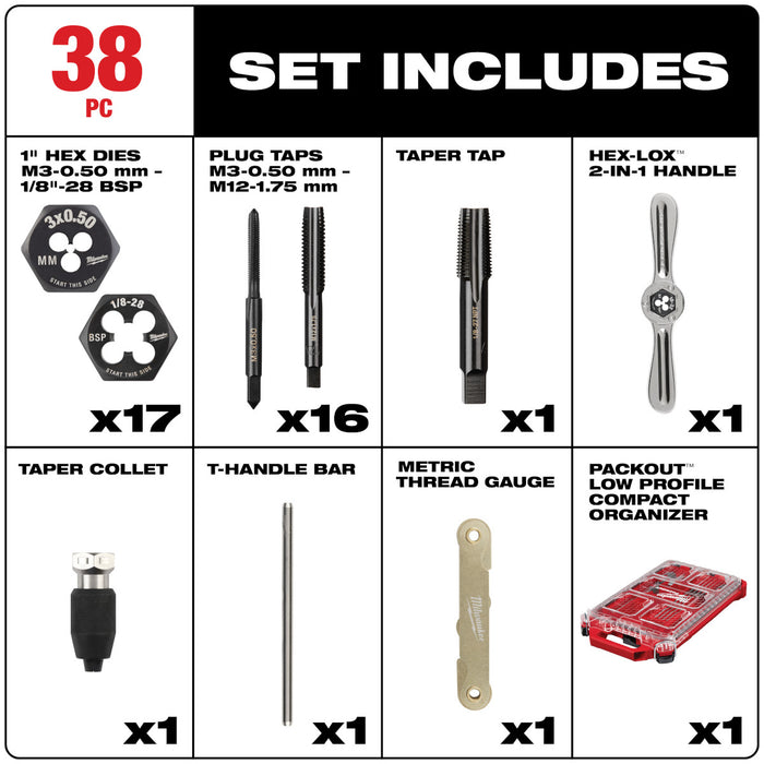 Milwaukee 38 pc. Metric Tap & Die PACKOUT Set w/ HEX-LOK 2-in-1 Handle