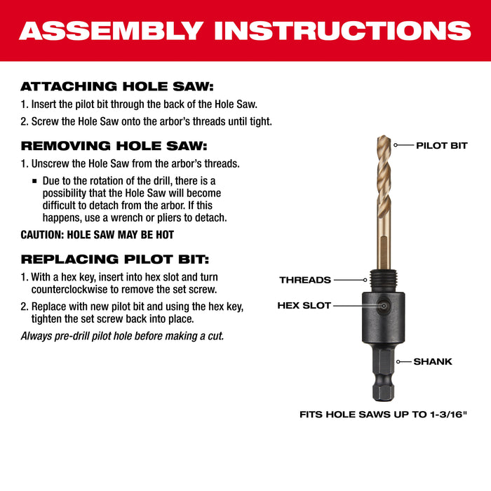 Milwaukee Hole Saw Small Thread Arbor - 1/4" Shank