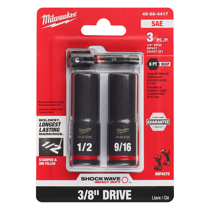 Milwaukee 3 pc. SHOCKWAVE Impact Duty 3/8" Drive SAE Deep 6 Point Socket Set