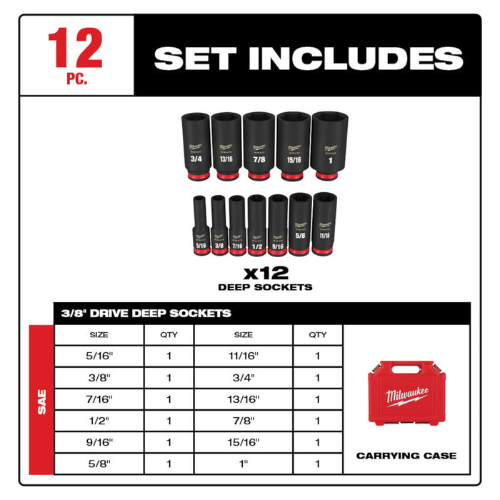 Milwaukee 12 pc. SHOCKWAVE Impact Duty 3/8" Drive SAE Deep 6 Point Socket Set