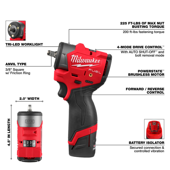 Milwaukee M12 FUEL 3/8" Subcompact Impact Wrench w/ Friction Ring Kit