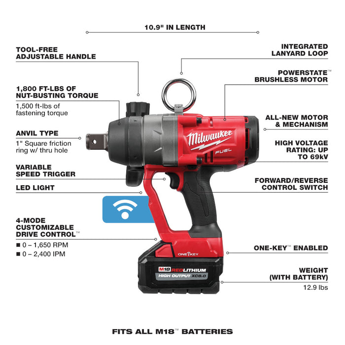 Milwaukee M18 FUEL Cordless 1" High Torque Impact Wrench with ONE-KEY Kit