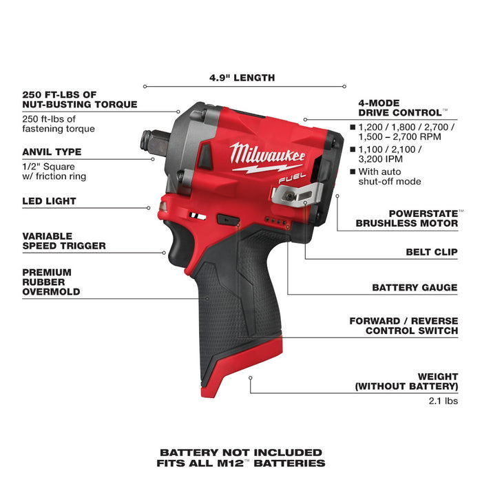 Milwaukee M12 FUEL Cordless Stubby 1/2" Impact Wrench  - Tool Only