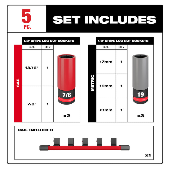 Milwaukee SHOCKWAVE Impact Duty™ 1/2" Drive 5 pc. SAE & Metric Lug Nut Socket Set