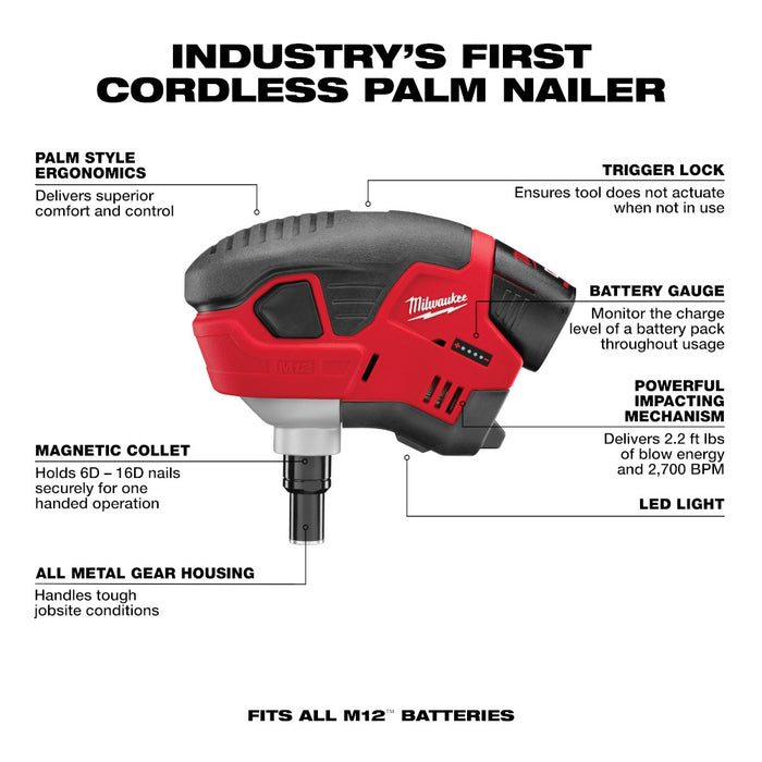 Milwaukee M12 Cordless Palm Nailer Kit