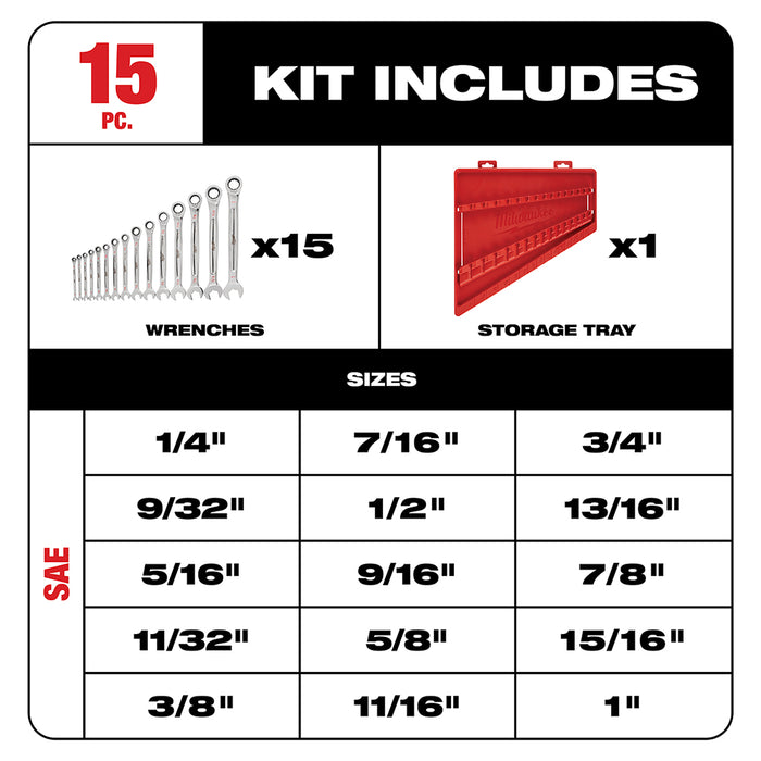 Milwaukee 15PC Ratcheting Combination Wrench Set - SAE