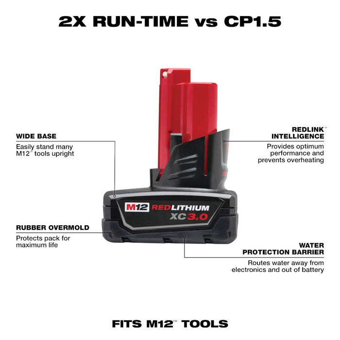 Milwaukee M12 REDLITHIUM XC 3.0Ah Battery - 2PK