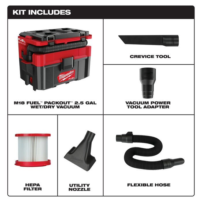 Milwaukee M18 FUEL Cordless PACKOUT 2.5 Gallon Wet/Dry Vacuum  - Tool Only