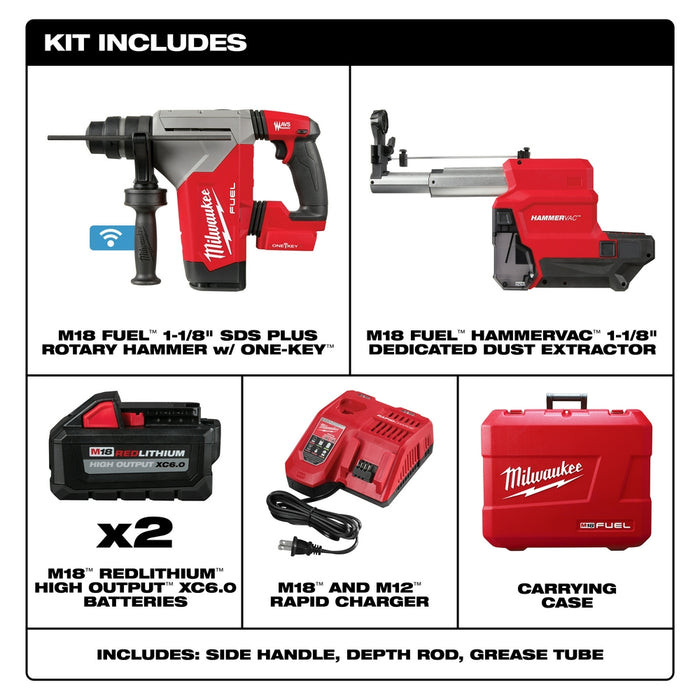 Milwaukee M18 FUEL 1-1/8" SDS Plus Rotary Hammer w/ ONE-KEY & HAMMERVAC Dedicated Dust Extractor Kit