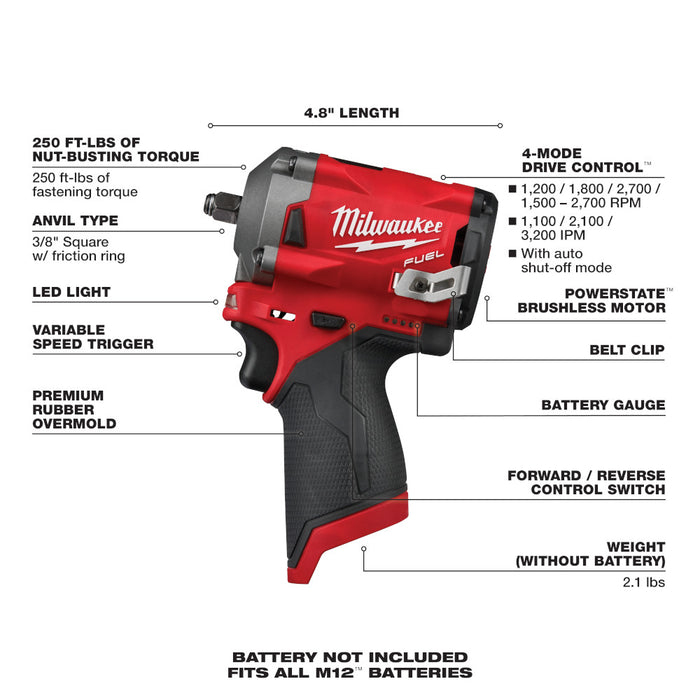 Milwaukee M12 FUEL Cordless Stubby 3/8" Impact Wrench  - Tool Only