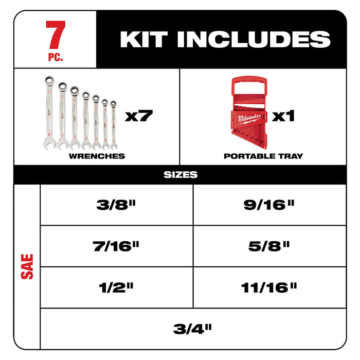 Milwaukee 7PC Ratcheting Combination Wrench Set - SAE