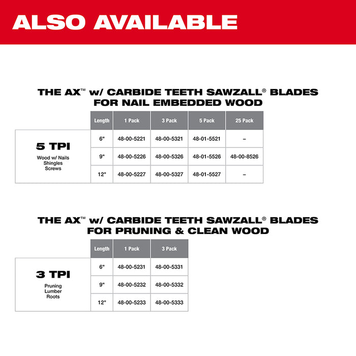 Milwaukee AX™ 12" 3 TPI The w/ Carbide Teeth For Pruning & Clean Wood SAWZALL® Blade