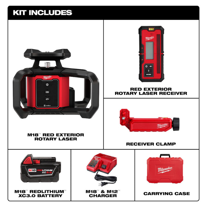 Milwaukee M18 Red Exterior Rotary Laser Level Kit w/ Receiver