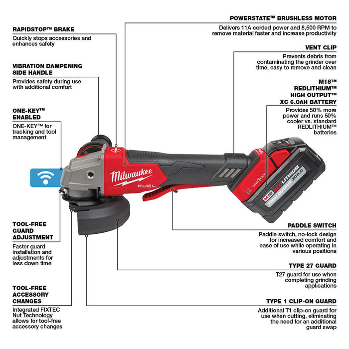 Milwaukee M18 FUEL  5" Braking Grinder w/ ONE-KEY Paddle Switch, No Lock