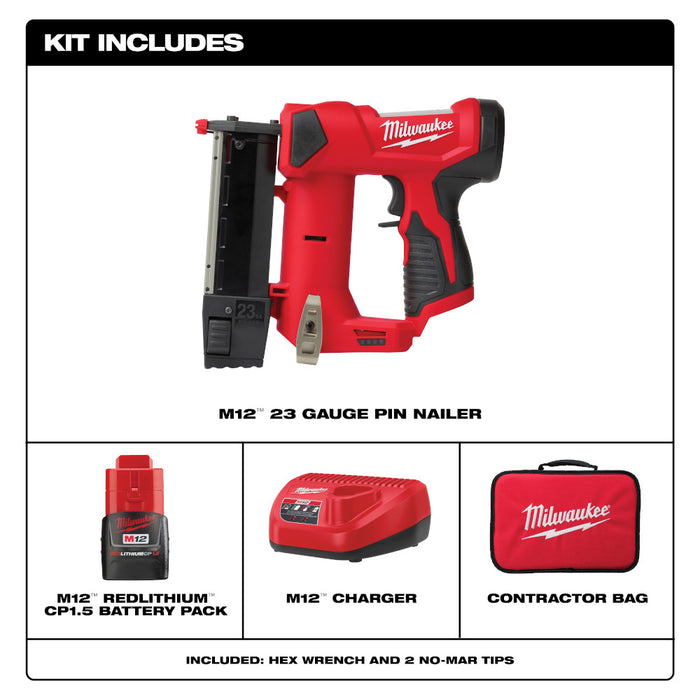 Milwaukee M12 Cordless 23 Gauge Pin Nailer Kit