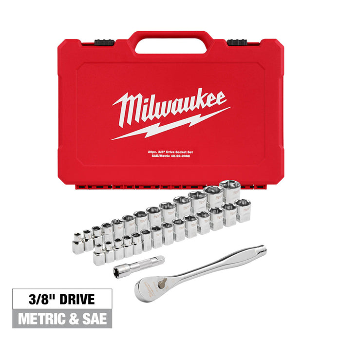 Milwaukee 29PC 3/8" Drive Metric & SAE Ratchet and Socket Set w/ FOUR FLAT SIDES