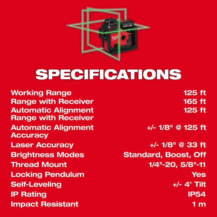 Milwaukee M12™ Green 360° 3-Plane Laser w/Automatic Alignment & Receiver
