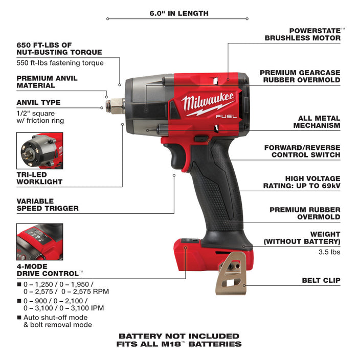 Milwaukee M18 FUEL 1/2" Mid-Torque Impact Wrench w/ Friction Ring - Tool Only