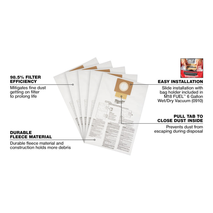 Milwaukee 5PK Fleece Dust Bag 6 Gallon