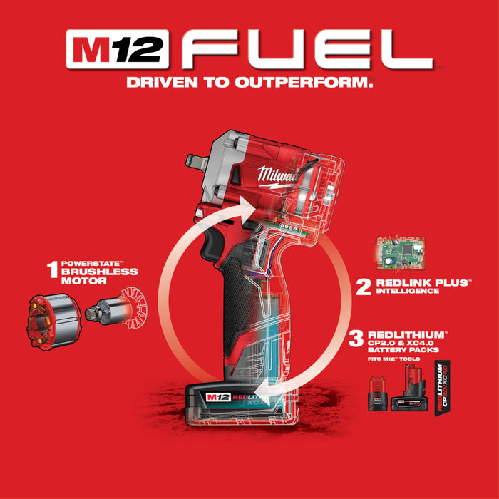 Milwaukee M12 FUEL Cordless Stubby 3/8" Impact Wrench Kit