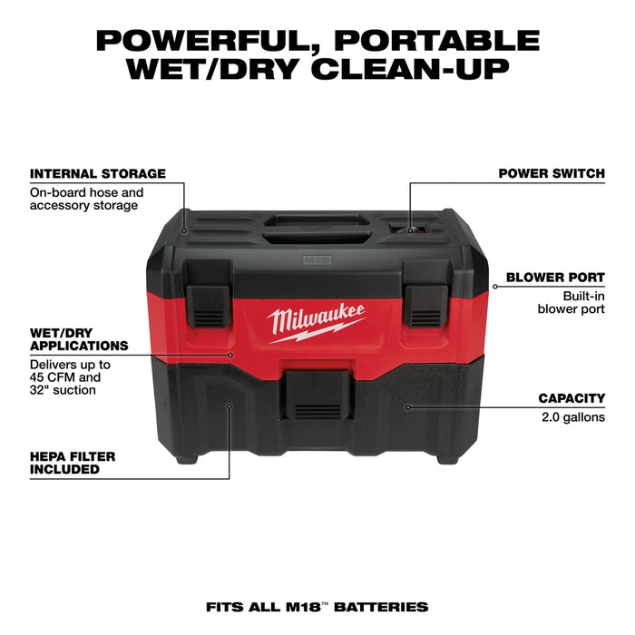 Milwaukee M18 Cordless 2-Gallon Wet/Dry Vacuum  - Tool Only