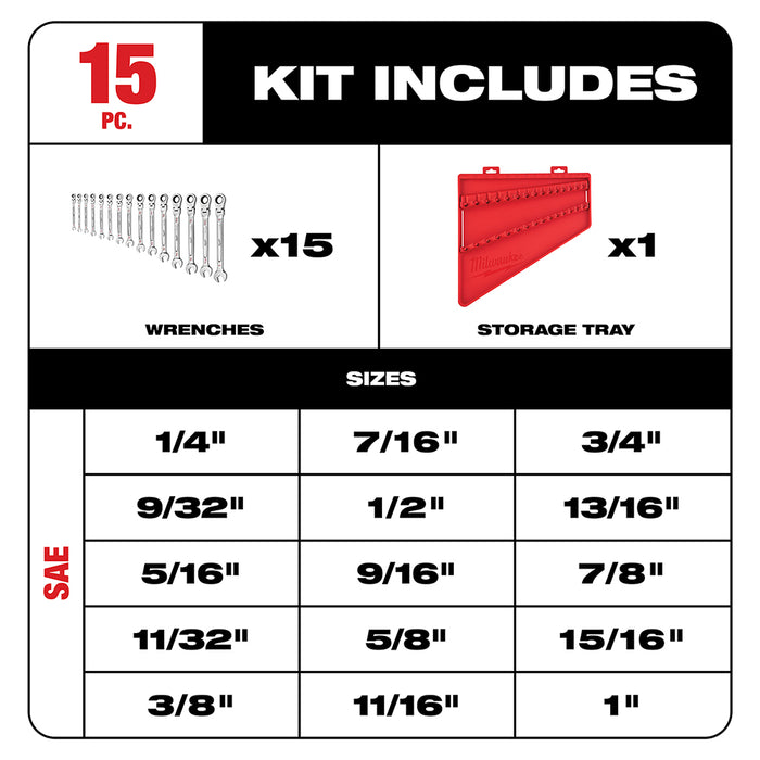 Milwaukee 15 pc. SAE Flex Head Ratcheting Combination Wrench Set