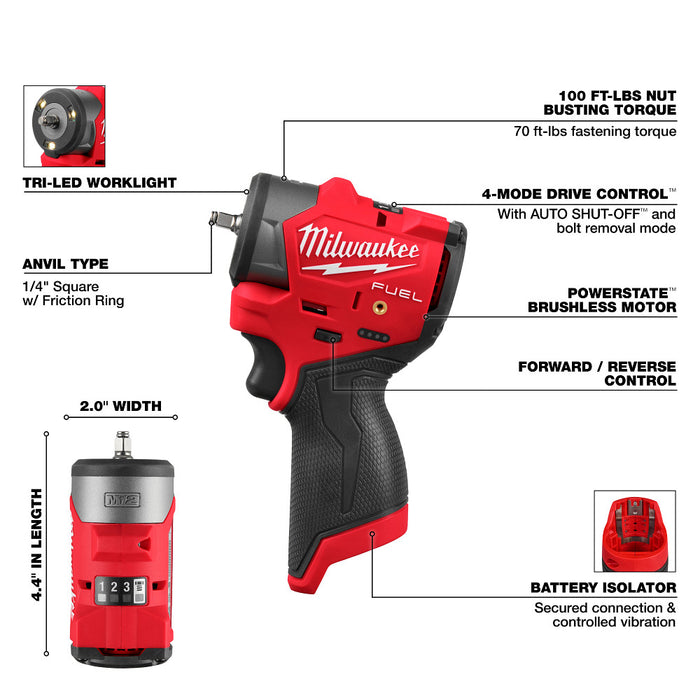 Milwaukee M12 FUEL 1/4" Subcompact Impact Wrench w/ Friction Ring - Tool Only